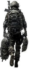 Fototapeta premium A special forces operator carrying leather luggage, ready for a covert mission, transparent background