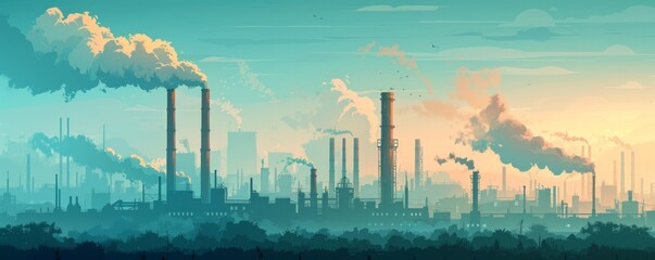 An industrial dystopia filled with towering smokestacks and rusting factories, where the air is thick with pollution and the sky is obscured by smog.   illustration.