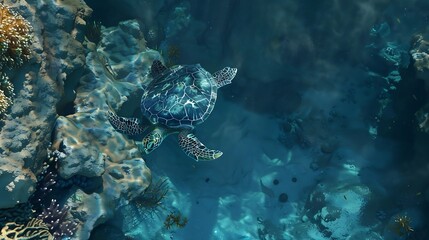 Sea Coral Turtle Underwater World Top view for 3d floors water nature fish sea coral egypt red sea...