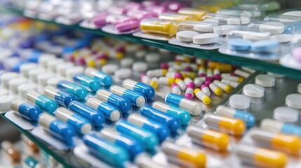 Obraz premium Close-up of a pharmacy shelf filled with various colorful tablets and blister packs. Pharmaceutical industry, rising prices of drugs, drug production, shortage of drugs in pharmacies