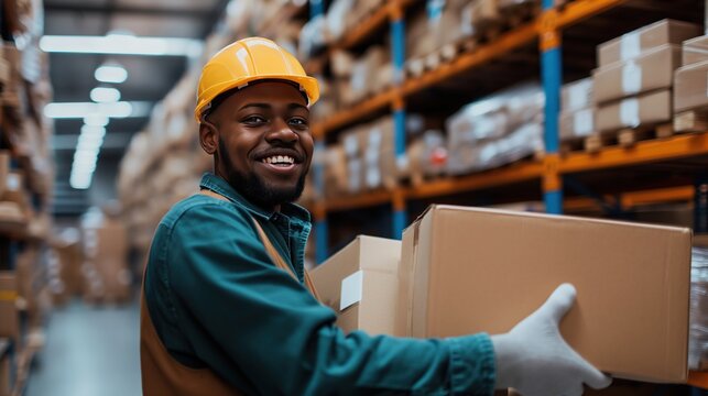 A male warehouseman wearing a hard hat and holding a box smiles at the camera and sorts cardboard boxes of parcels. It's in a warehouse surrounded by shelves