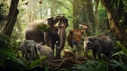 group of wildlife animals in the jungle together : Generative AI