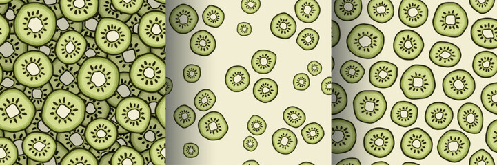 Set of seamless patterns with kiwi fruit.