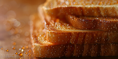 Capturing the Delicate Details Close Up Photography of Wheat Bread Slices of tasty toasted bread on wooden table.