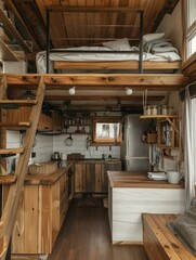 interior of modern wooden house, kitchen and dining room in attic