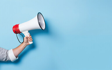 hand with megaphone on blue background with space for text