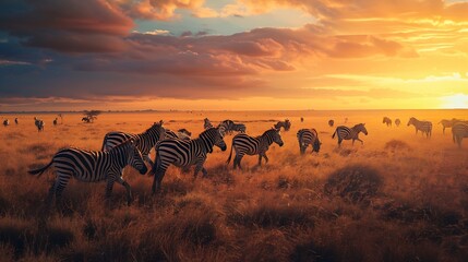 Group of zebras in the African savanna at sunset Serengeti National Park Tanzania Africa : Generative AI