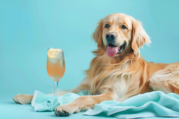 golden retriever dog on a pastel blue background