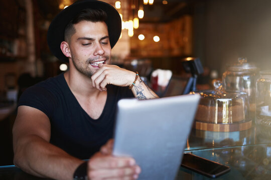 Cafe, tablet or thinking man server with inventory, stock or website menu, update or solution. Restaurant, planning or manager with digital, checklist or check hotel bakery customer experience survey