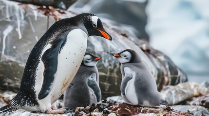 Strongest Gentoo Penguin Cute Funny Baby Chick Mummy Mom Penguins Colony Wildlife King Birds Polar Animals Cold Wild Life Creatures Antarctica Antarctic Peninsula Deception Island Half : Generative AI