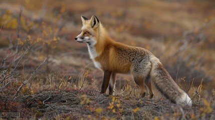 Fototapeta premium Red fox Vulpes vulpes in autumn tundra portrait Dempster Highway Yukon Territory Canada North America : Generative AI