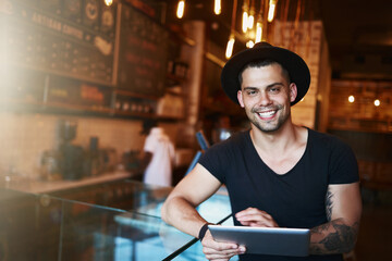 Tablet, remote work and man portrait coffee shop with writer and freelancer with web article or...