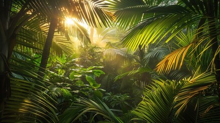 Imagine the enchanting scene of a sunrise casting its golden rays upon the lush palm leaves and vibrant greenery of a tropical rainforest along the Thailand Malaysia border This captivating