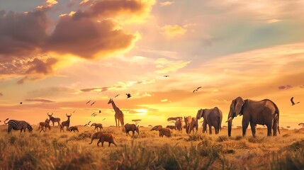 Dreamy scene of common South African safari wildlife animals together at sunset : Generative AI © The Little Hut
