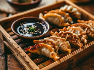 A vibrant display of Japanese gyoza dumplings served with soy sauce and vinegar dipping sauce on a wooden tray