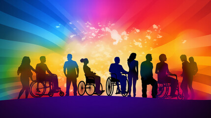 Silhouettes of diverse people, men, women, and disabled individuals in wheelchairs, illustrating inclusiveness in the LGBTQ community, with vector stock illustrations depicting homosexuals and planet 
