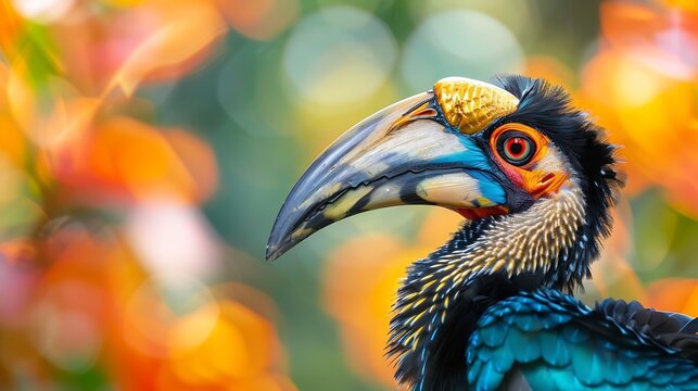 Portrait of colourful hornbill native to Indonesia  Knobbed Hornbill Aceros cassidix Huge bird with gold bristled feathers on the blue neck blurred orange flowers in background  Bird o : Generative AI