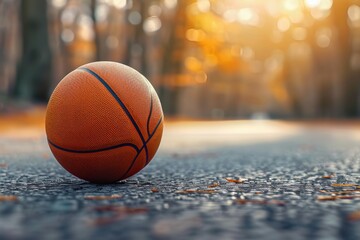 Basketball ball on outdoor court with empty space for text, sports background concept