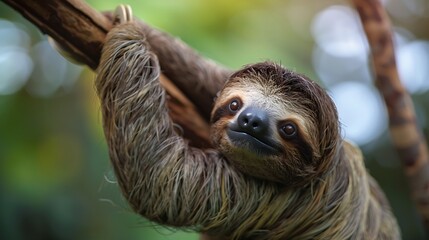 Cute sloth hanging on tree branch with funny face look perfect portrait of wild animal in the Rainforest of Costa Rica scratching the belly Bradypus variegatus brownthroated threetoed  : Generative AI