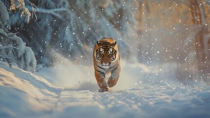 Tiger in wild winter nature running in the snow Action wildlife scene with dangerous animal Cold...