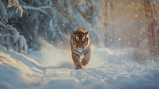 Tiger in wild winter nature running in the snow Action wildlife scene with dangerous animal Cold winter in taiga Russia Snowflakes with beautiful Siberian tiger Panthera tigris altaica : Generative AI