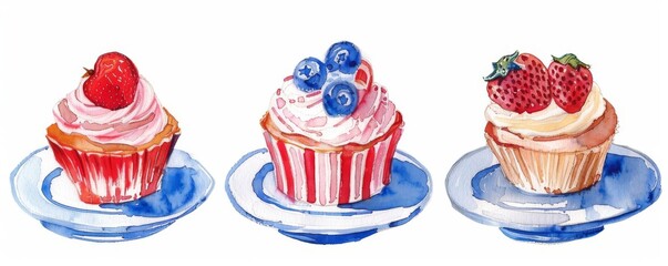  Sweet cupcakes with strawberry and blueberry.