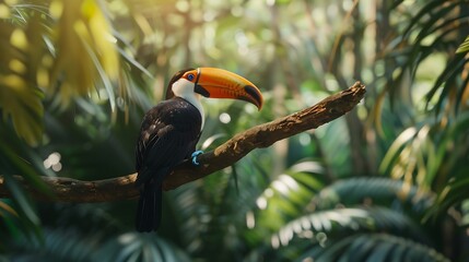Fototapeta premium Toucan tropical bird sitting on a tree branch in natural wildlife environment in rainforest jungle : Generative AI