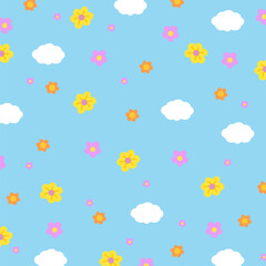 Illustration of flowers, cloud on a blue background for floral print, pattern, kid clothes, gift wrap, packaging, fabric, wallpaper, backdrop, women textile, garment, duvet, blanket, picnic, summer