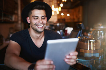 Cafe, tablet or happy man server with inventory, stock or website menu, update or idea. Restaurant,...