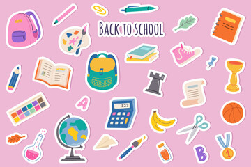 Back to school stickers. Set of school supplies and education stickers. Globe, student's backpack, sports equipment, paints, books, pen, pencil. Suitable for prints, scrapbooking, cards, paper crafts.