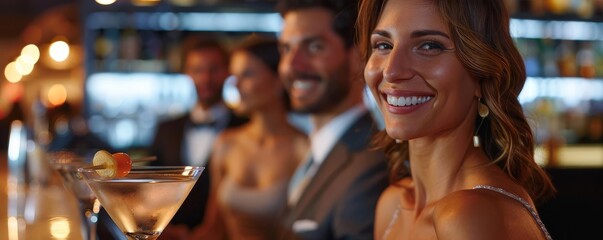 A charity board planning a fundraiser at a martini bar, elegant dresses and suits, sophisticated, purposeful