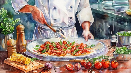 A chef celebrating the anniversary of their cooking school with a gourmet workshop, delicious, vibrant watercolor