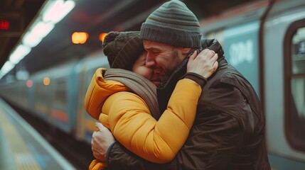 A couple hugging on a train platform with a train in the background.