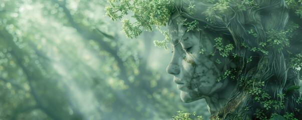 Abstract illustration of mother Earth in forest. Love of nature concept.