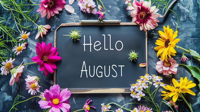 "Hello AUGUST" written on blackboard surrounded by summer flowers, top view, flat lay background