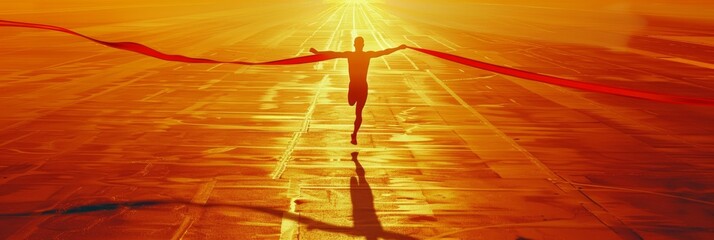 Victorious marathon runner crossing finish line with raised arms, illuminated by light. Banner