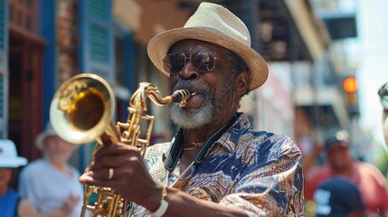 A talented saxophone player wearing a straw hat performs on the street for passersby.