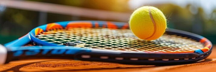 Tennis ball on tennis racket close up. Sports equipment banner for marketing campaigns