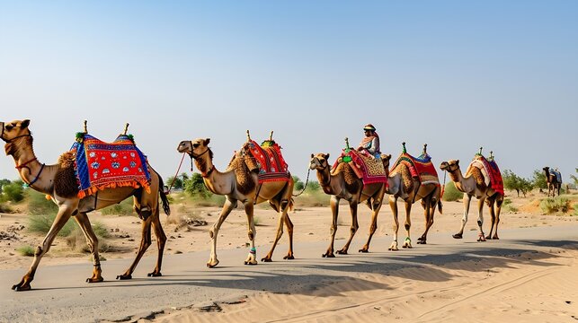 Camels with traditional dresses waiting beside road for tourists for camel ride at Thar desert Rajasthan India Camels Camelus dromedarius are desert animals who carry tourists on their : Generative AI