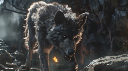 hungry grey wolf in the woods