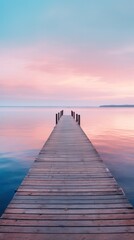 Fototapeta premium A serene wooden pier extending into a tranquil lake, under a pastel sunset sky, creating a tranquil atmosphere.copy space