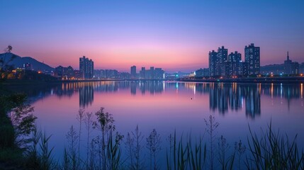 Cityscape reflected in calm water at sunset