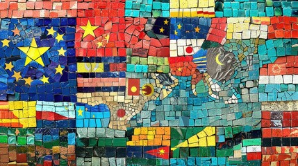 Colorful mosaic of flags from around the world.