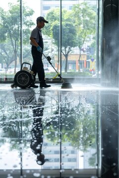 Professional cleaning of office floor with modern machinery in contemporary building