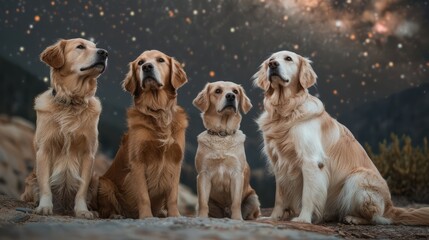 Four golden retrievers sit on a rock outcropping looking up at the stars in the night sky.