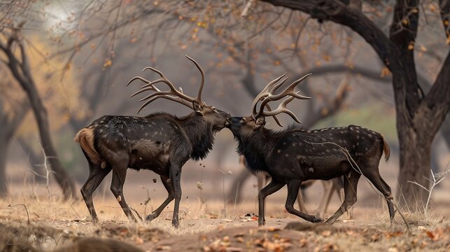 Two fully adult angry male Sambar deer in action fighting with their big long large antlers showing dominance at ranthambore national park or tiger reserve rajasthan india  Rusa unicol : Generative AI