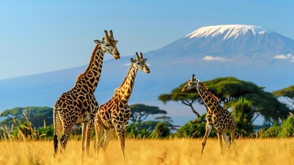Obraz premium Three giraffe on Kilimanjaro mount background in National park of Kenya Africa : Generative AI