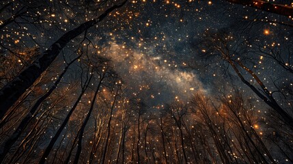 Looking up at the stars through the tall trees of a forest.