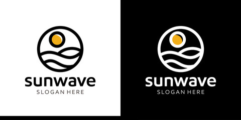 Wave of sea water logo design with sun and with a minimalist line style design graphic symbol icon vector.