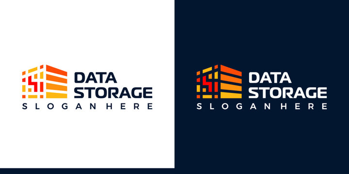 Technology digital data logo design with storage building design graphic symbol icon vector.